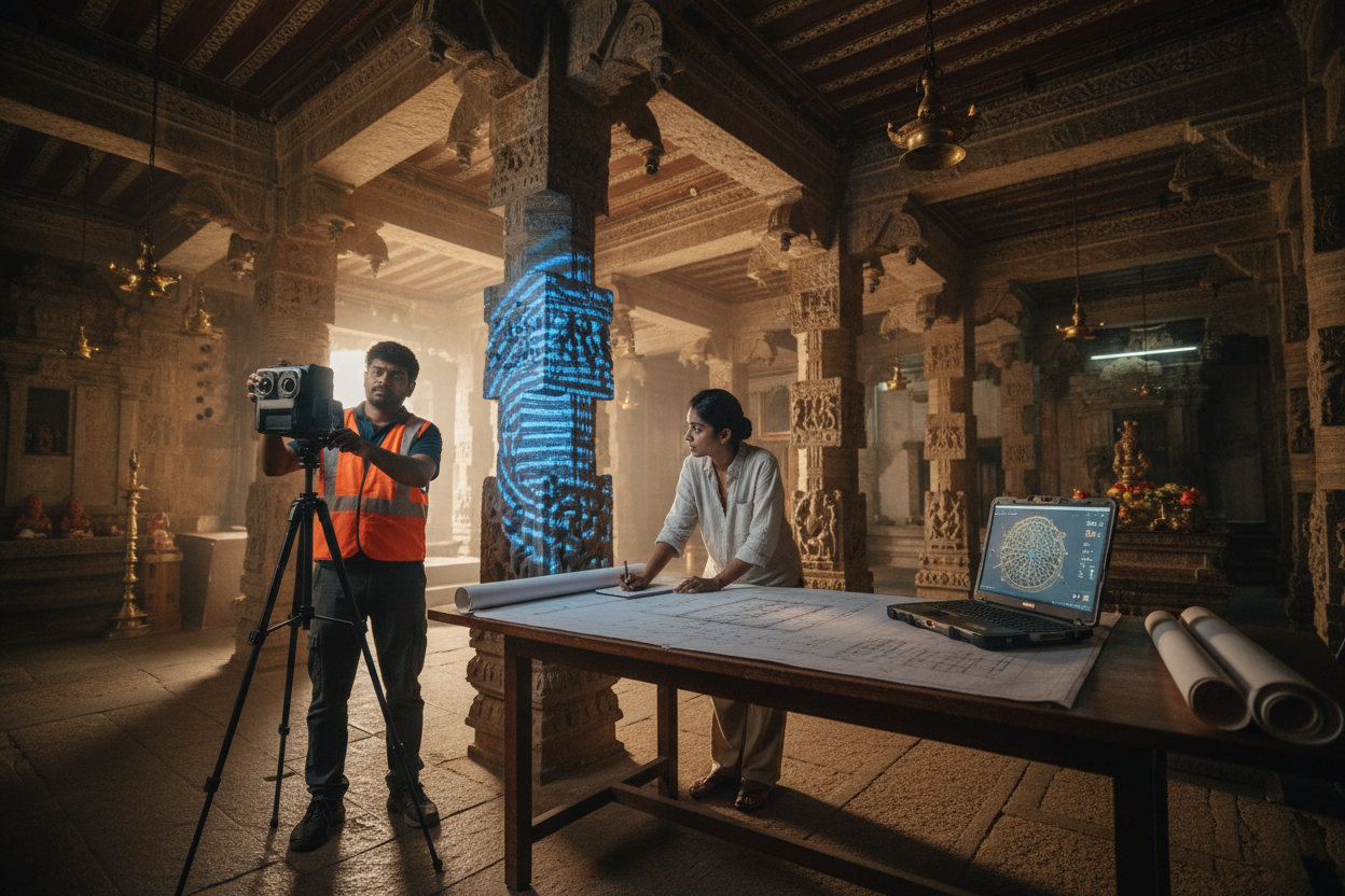 FOFUS heritage architect and 3D scanning technician documenting Kerala temple mandapam carvings for renovation planning — scan-to-CAD services in Thrissur, Kochi, Ernakulam and Palakkad