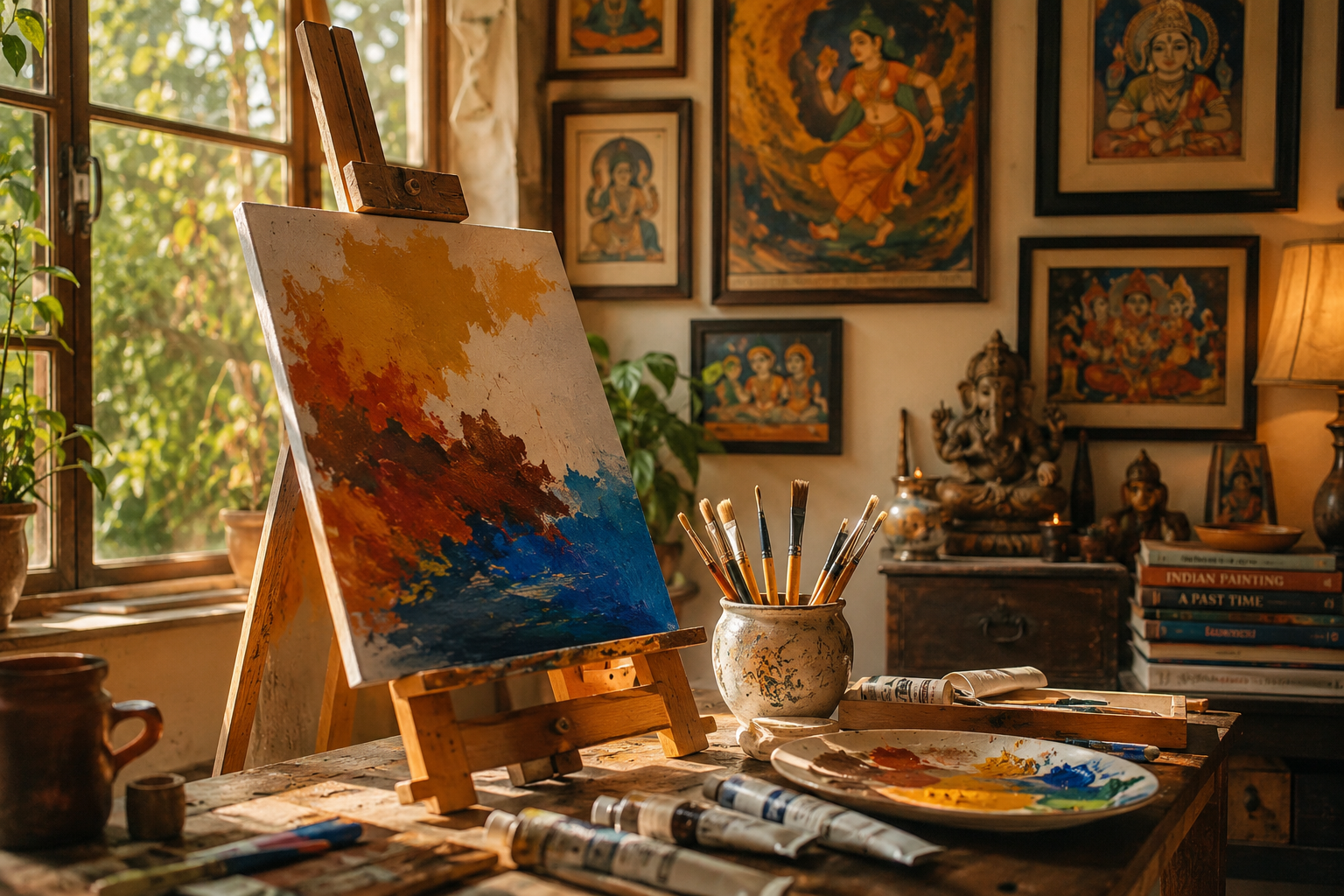 A beginner artist's sunlit studio with canvas, brushes, and Indian cultural art on the wall — FOFUS art inspiration