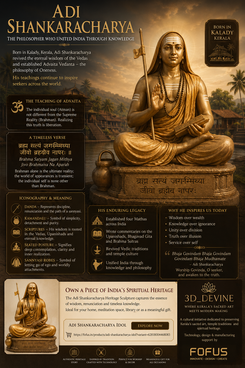 Adi Shankaracharya sculpture depicting the founder of Advaita Vedanta, born in Kalady Kerala, symbolizing wisdom, spiritual knowledge, and Hindu philosophical heritage