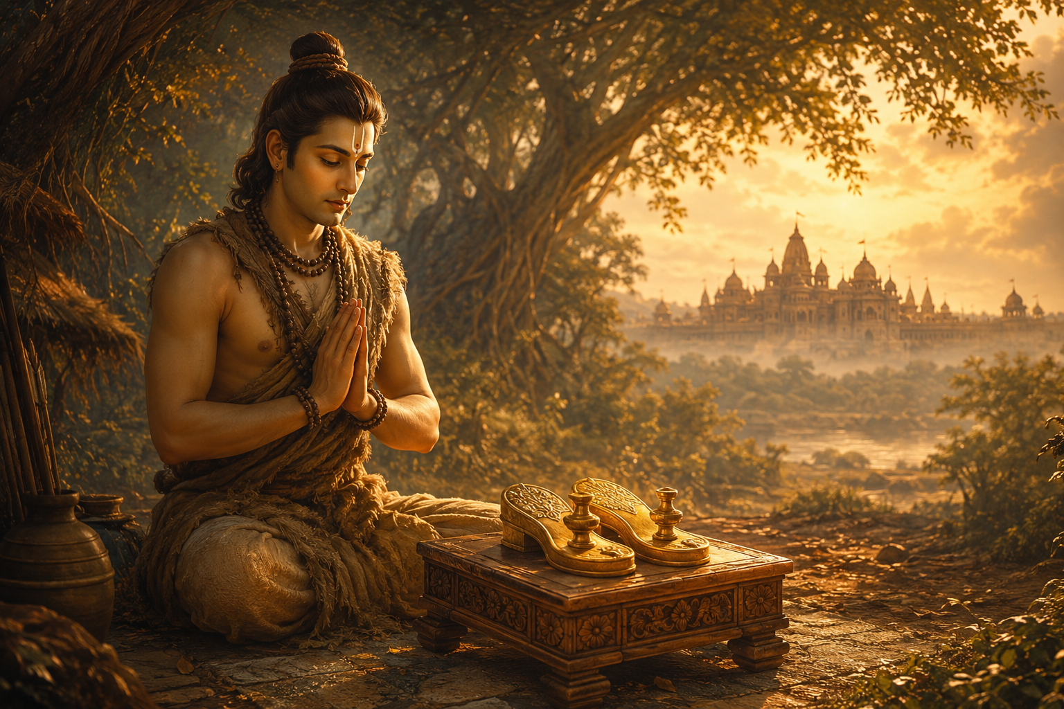 Bharata's 14-year vigil at Nandigrama — the prince who placed Rama's sandals on the throne and called himself a servant.