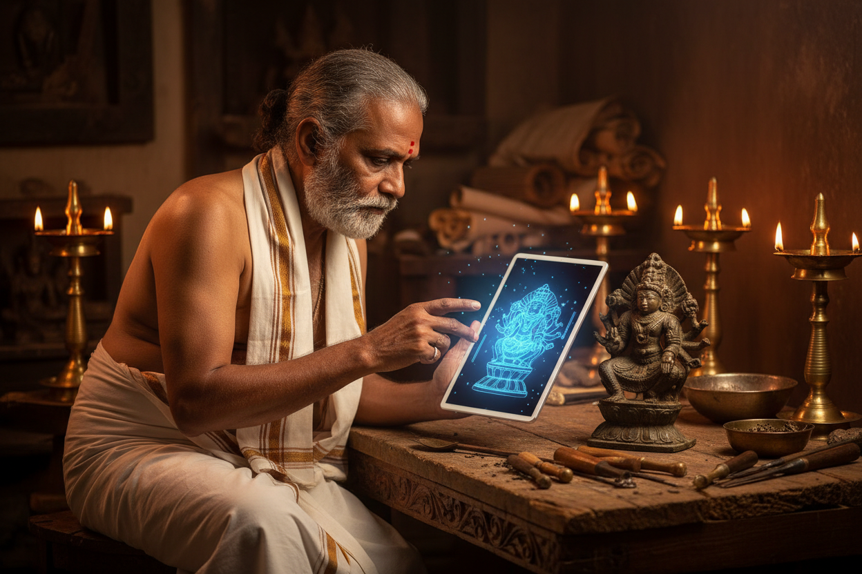 Kerala traditional sthapathi using FOFUS 3D scan data as reference to recreate an ancient vigraha — sacred sculpture preservation in Thrissur, Kochi, Ernakulam and Palakkad