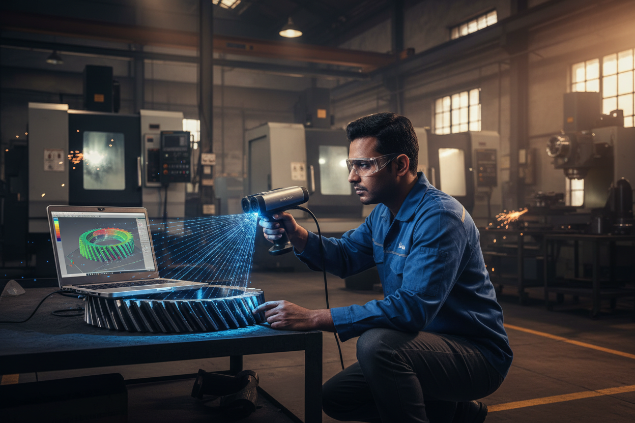 FOFUS engineer 3D scanning a metal machine component for reverse engineering and scan-to-CAD services in Kerala — spare part recreation and CAD modeling in Thrissur, Kochi, Ernakulam and Palakkad
