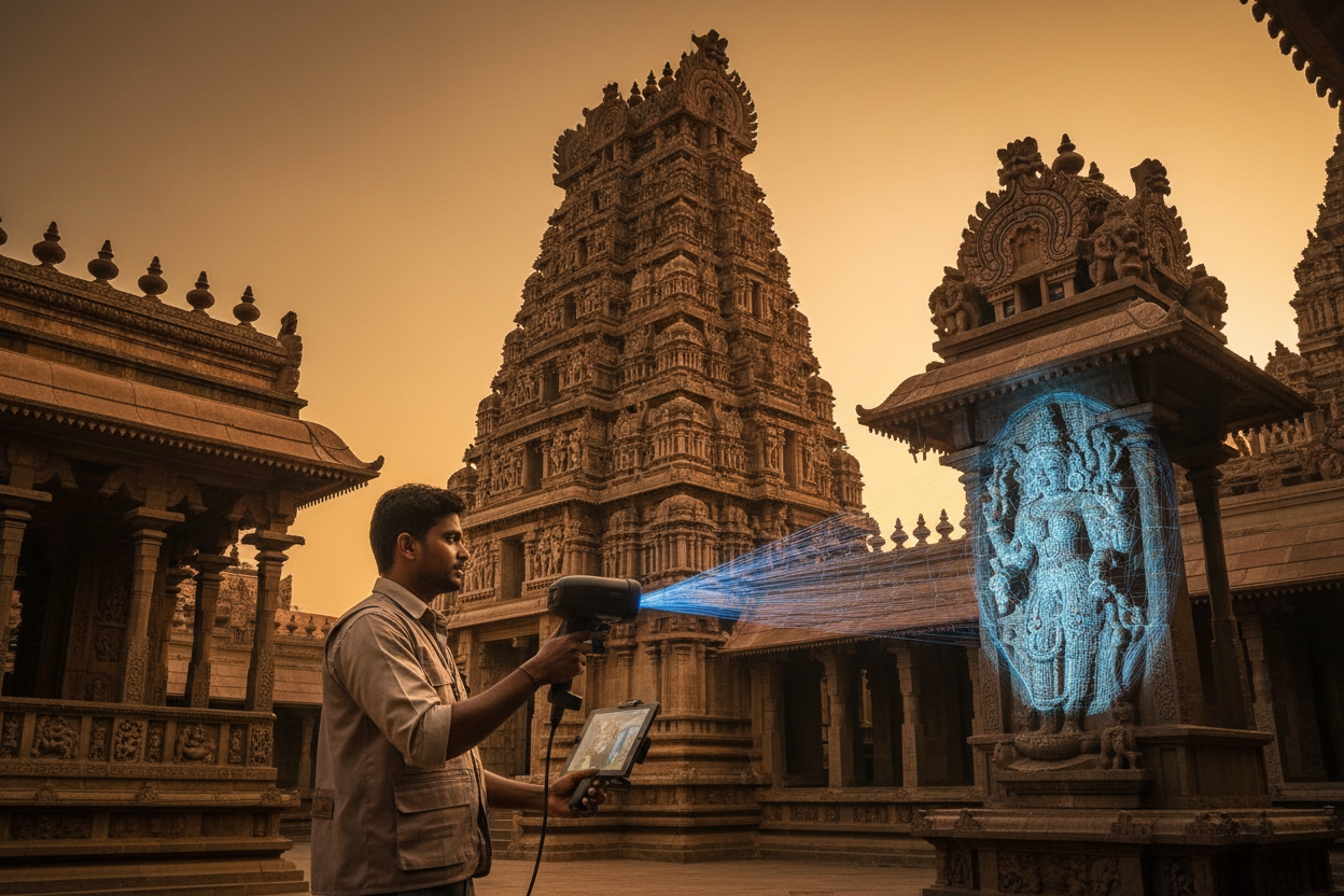 FOFUS professional 3D scanning a Kerala temple sculpture for digital archive creation — temple heritage preservation in Thrissur, Kochi, Ernakulam and Palakkad
