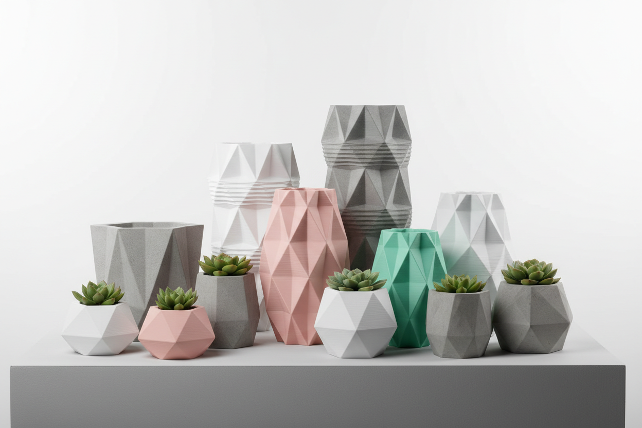 3D printed planters and plant pots including cat planters, geometric pots and hanging designs by FOFUS India