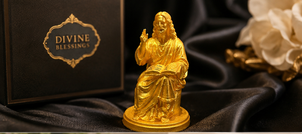 Golden Jesus Christ Statue Seated with Bible