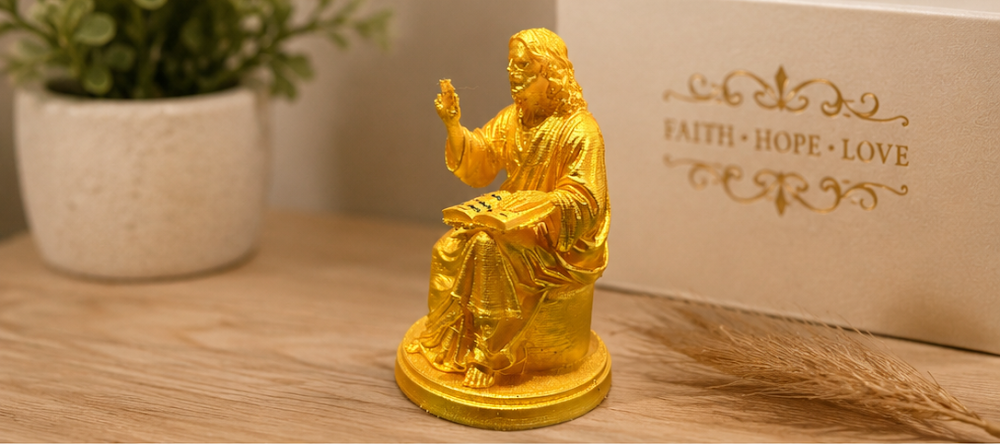 Golden Jesus Christ Statue Seated with Bible