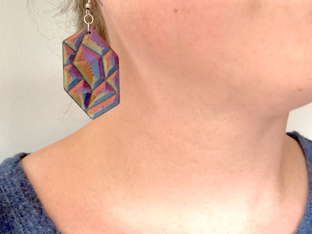 Faceted Gem Earrings angle – 3D Printed Crystal Statement Jewellery by FOFUS Kerala