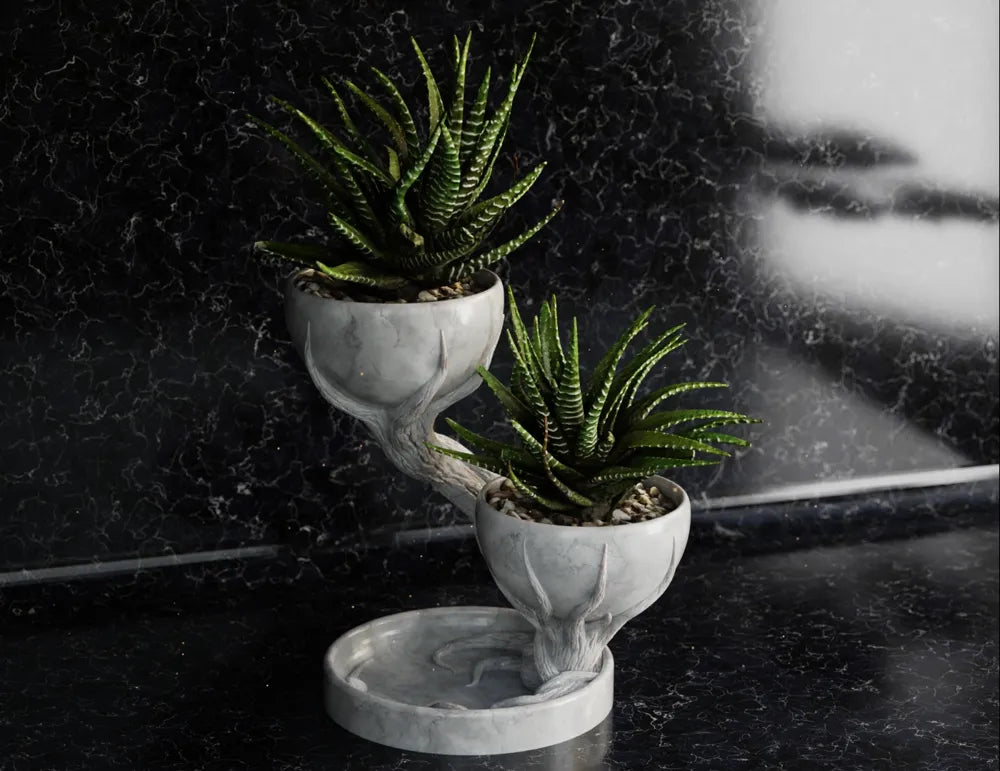 Double Tree Pot angle – 3D Printed Twin-Tree Sculptural Plant Pot by FOFUS Kerala