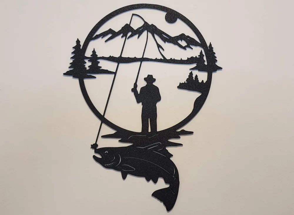 Mountain and Fishing Silhouette Wall Art angle – 3D Printed Outdoor Nature Decor by FOFUS Kerala