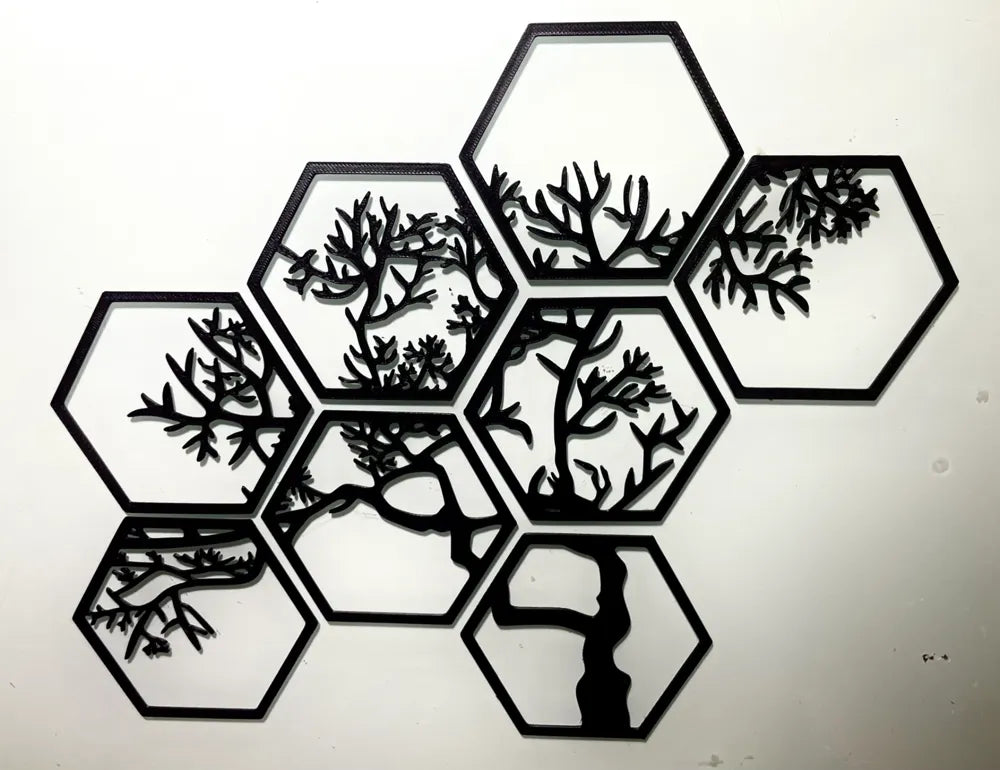 8-Piece Hexagon Tree Wall Art Set angle – 3D Printed Geometric Nature Wall Panels by FOFUS Kerala