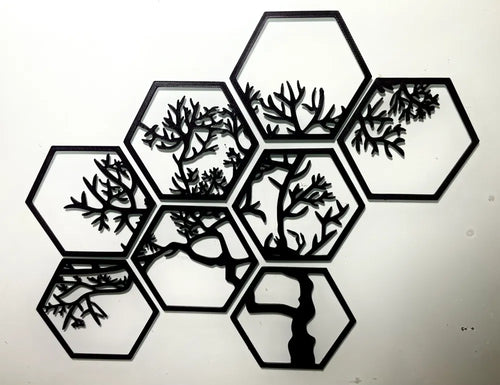 8-Piece Hexagon Tree Wall Art Set angle – 3D Printed Geometric Nature Wall Panels by FOFUS Kerala
