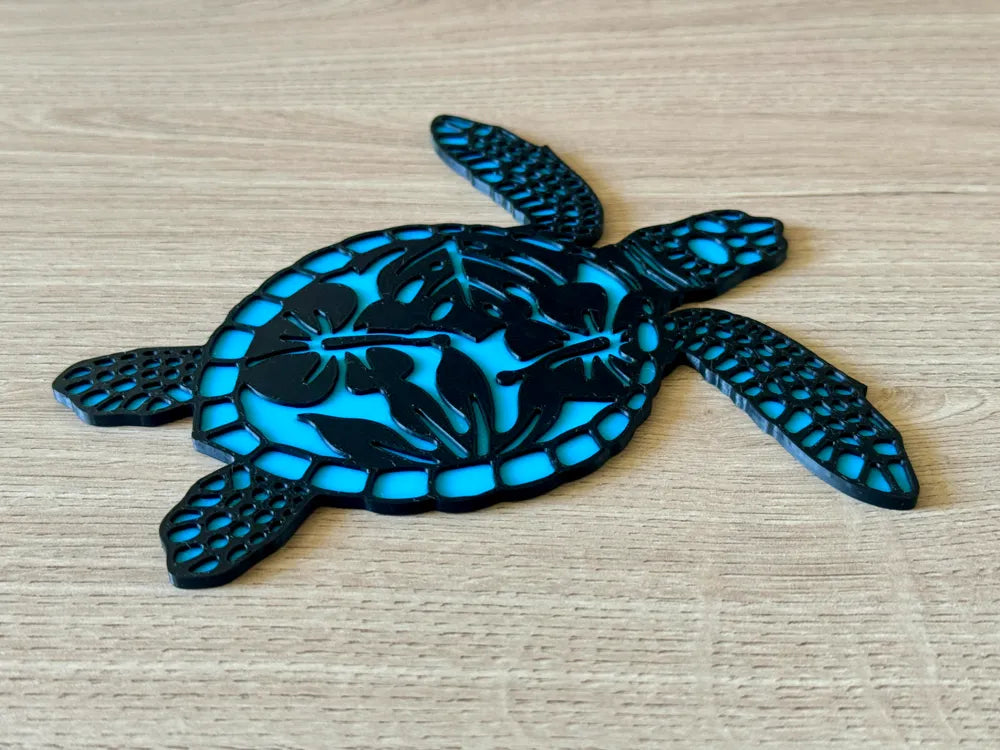 Sea Turtle with Flower Wall Art angle – 3D Printed Coastal Ocean Botanical Decor by FOFUS Kerala