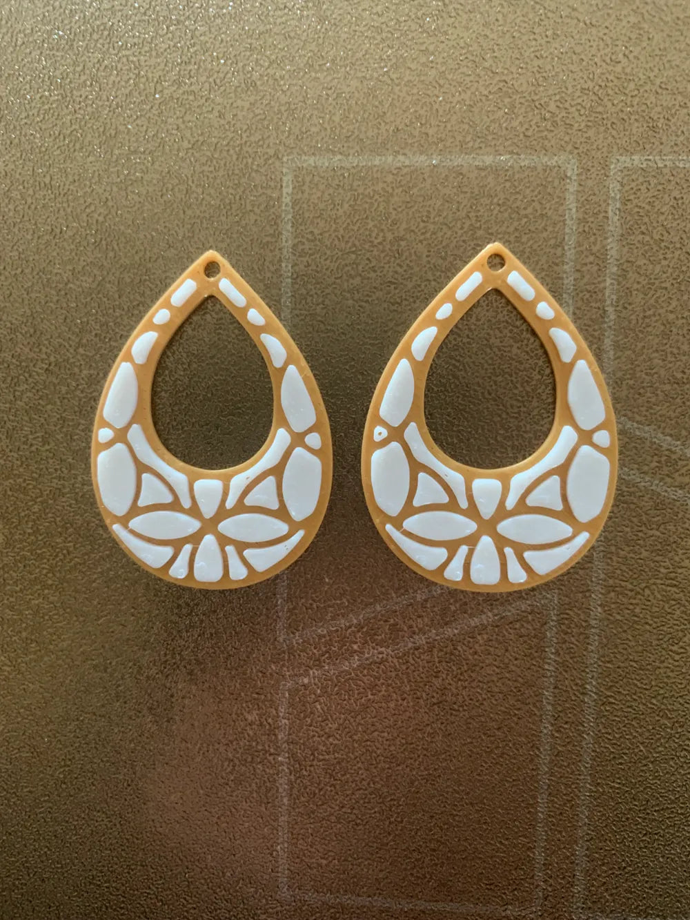 Golden Floral Teardrop Earrings angle – 3D Printed Festive Jewellery by FOFUS Kerala