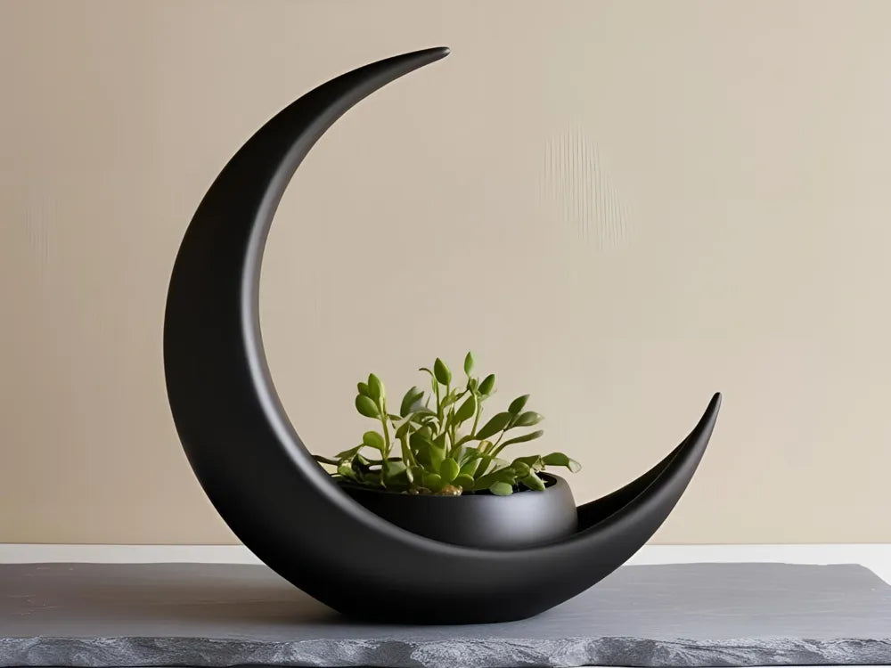 Crescent Moon Decoration with Elliptical Plant Pot – 3D Printed Celestial Planter by FOFUS, Thrissur Kerala