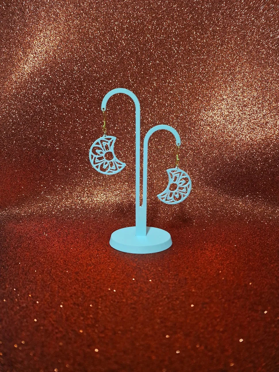 Mandala Moon Earrings angle – 3D Printed Celestial Spiritual Jewellery by FOFUS Kerala