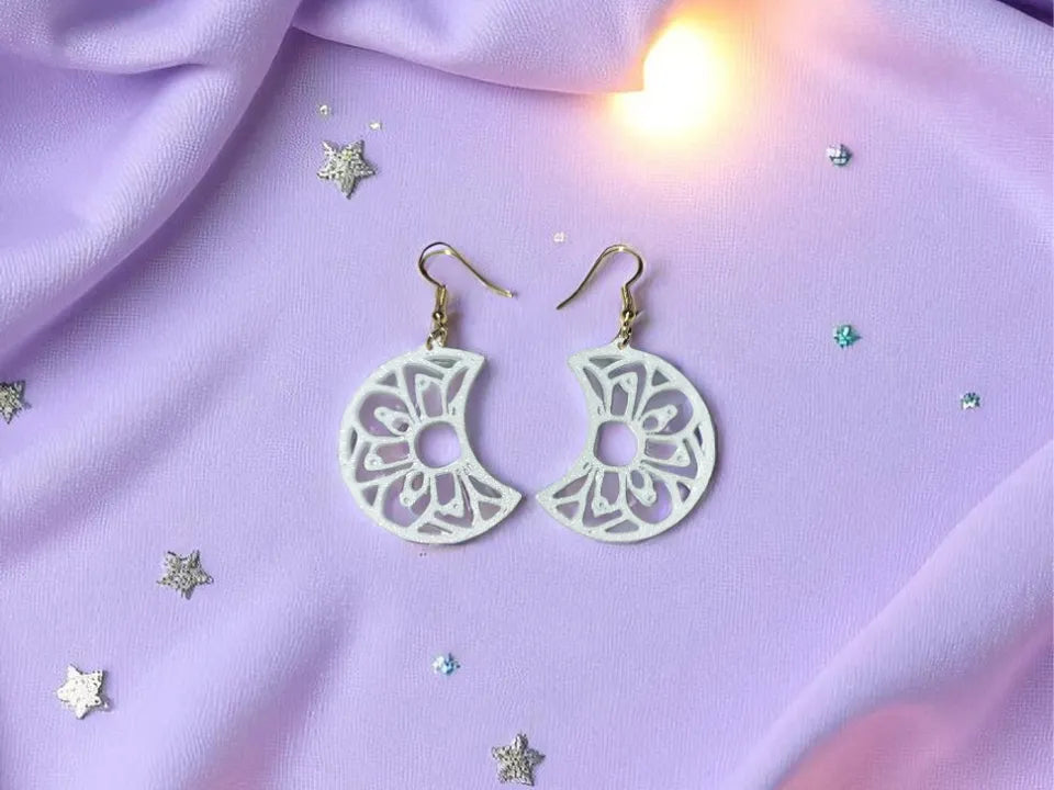 Mandala Moon Earrings – 3D Printed Celestial Spiritual Jewellery by FOFUS, Thrissur Kerala