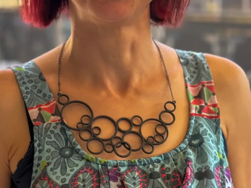 Modern Black Circle Geometric Necklace – 3D Printed Minimalist Pendant by FOFUS, Thrissur Kerala