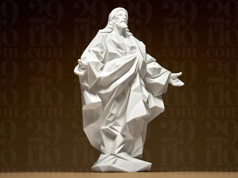 Low Poly Jesus Statue angle – 3D Printed Geometric Contemporary Christ by FOFUS Kerala