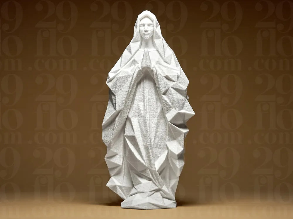 Low Poly Virgin Mary Statue angle – 3D Printed Contemporary Marian Sculpture by FOFUS Kerala