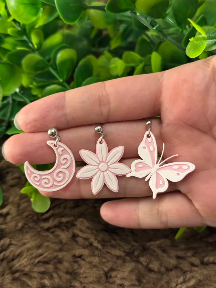 Butterfly Moon Flower Earrings angle – 3D Printed Celestial Jewellery by FOFUS Kerala