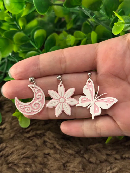 Butterfly Moon Flower Earrings angle – 3D Printed Celestial Jewellery by FOFUS Kerala