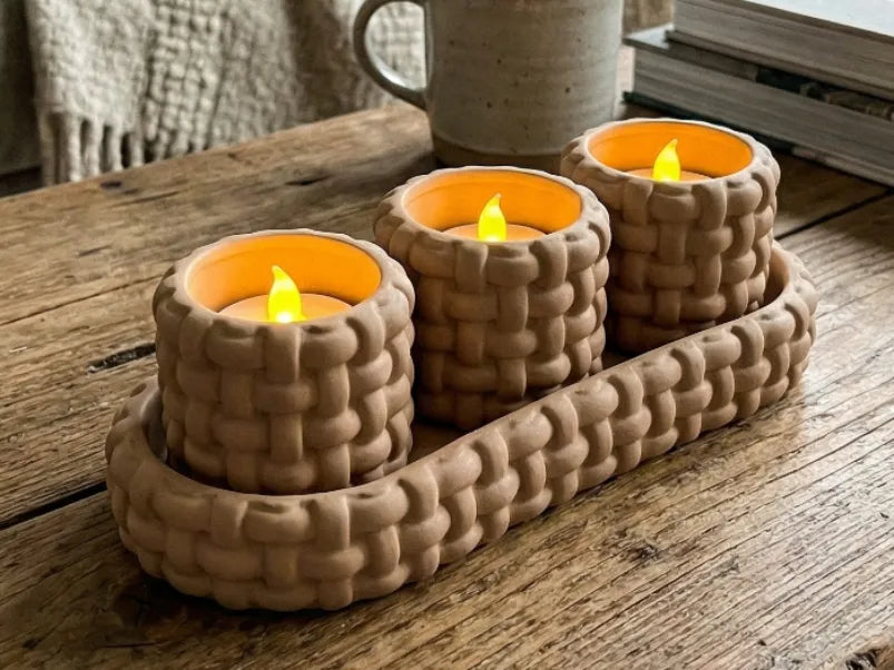 Woven Tea Light Holder and Tray Set – 3D Printed Cozy Candle Decor by FOFUS, Thrissur Kerala