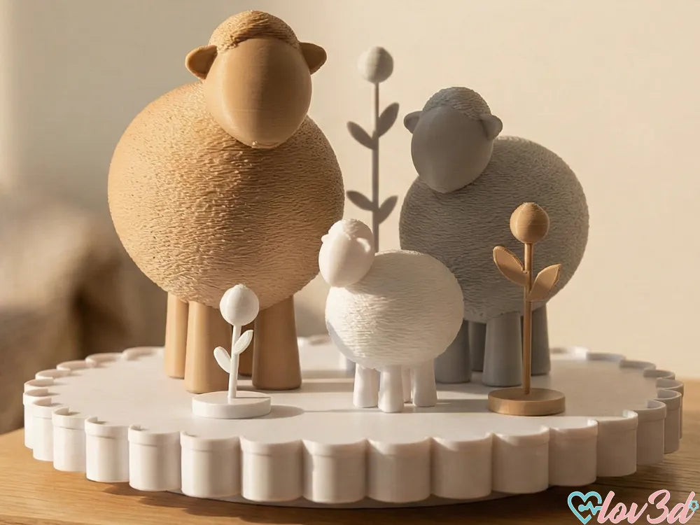 Cute Sheep Family and Flowers Set Fuzzy Skin – 3D Printed Figurines by FOFUS, Thrissur Kerala