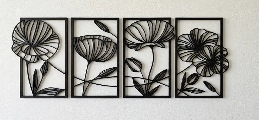 Minimalist Floral Wall Art 4 Panel Set angle – 3D Printed Botanical Gallery Collection by FOFUS Kerala