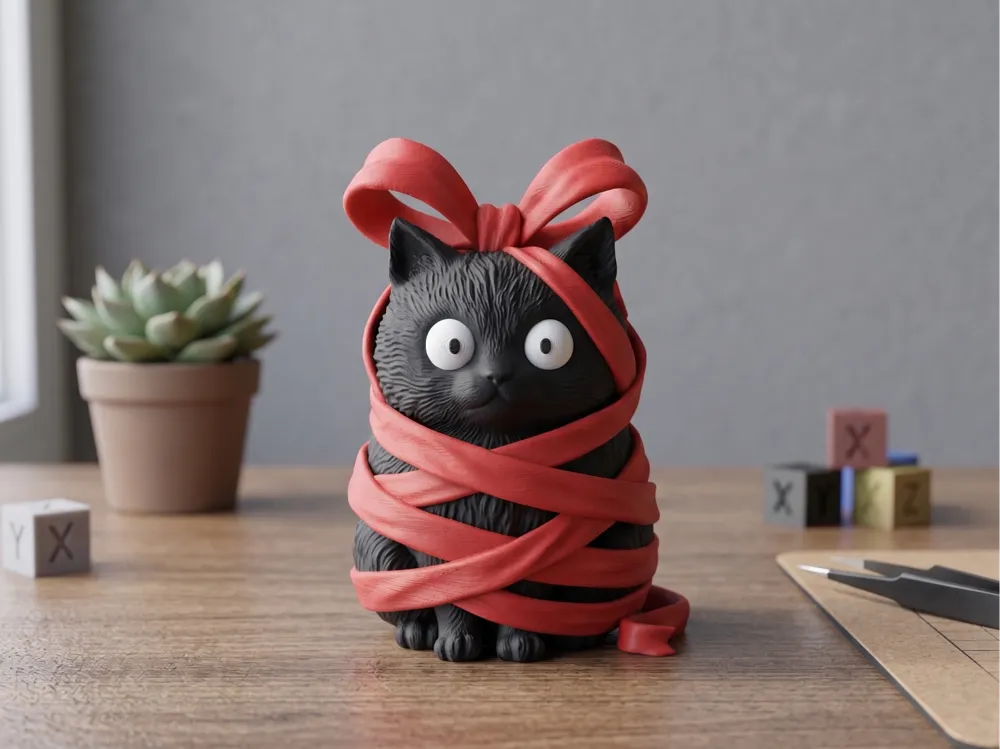 Mischievous Kitty All Tied Up Figurine – 3D Printed Funny Cat Collectible by FOFUS, Thrissur Kerala