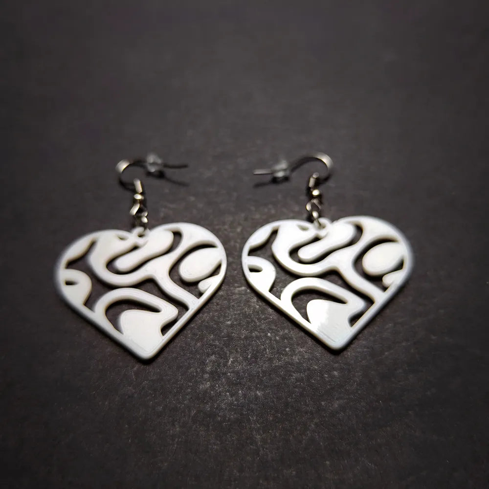 Heartstream Love Earrings angle – 3D Printed Fluid Heart Jewellery by FOFUS Kerala