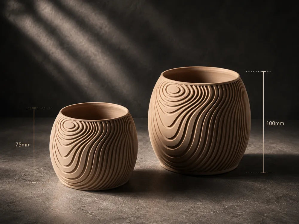 The Wooden Planter angle – 3D Printed Natural Wood-Finish Botanical Plant Pot by FOFUS Kerala