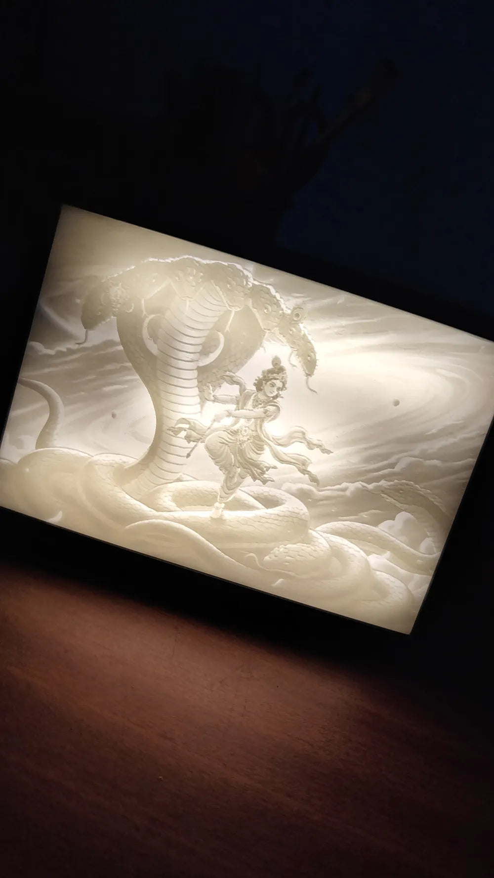 Krishna Lithophane glowing view – 3D Printed Backlit Sacred Art Panel by FOFUS Irinjalakuda Kerala