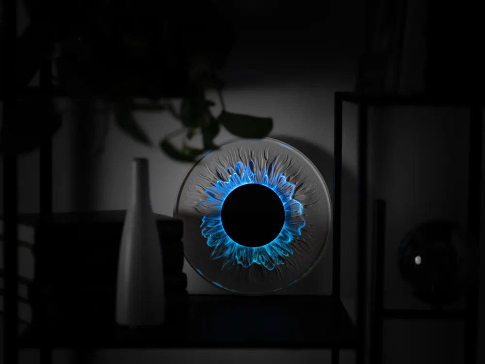 Iris Flower Lamp glowing – 3D Printed Botanical Sculptural Table Lamp by FOFUS Kerala