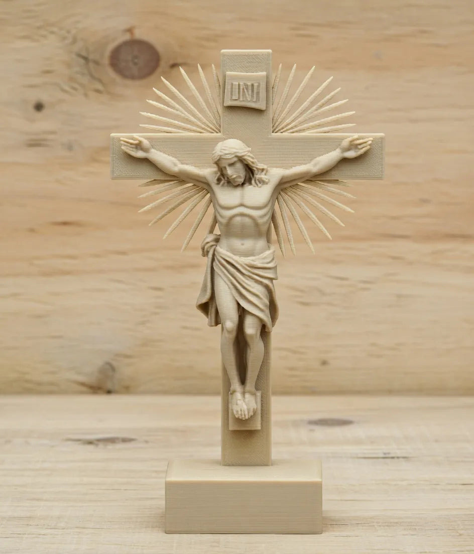 Radiant Christ Crucifix angle – 3D Printed Sacred Light Sculpture by FOFUS Kerala