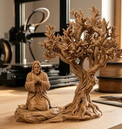 Kneeling Jesus in Prayer with Carved Olive Tree Sculpture – Wood-Look Christian Statue