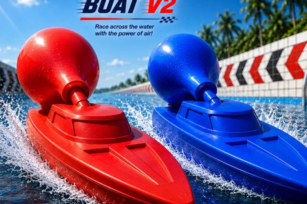 Red and blue balloon boats racing in a pool with promotional text and features displayed.