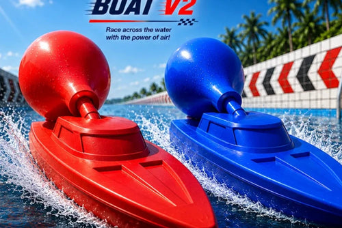 Red and blue balloon boats racing in a pool with promotional text and features displayed.
