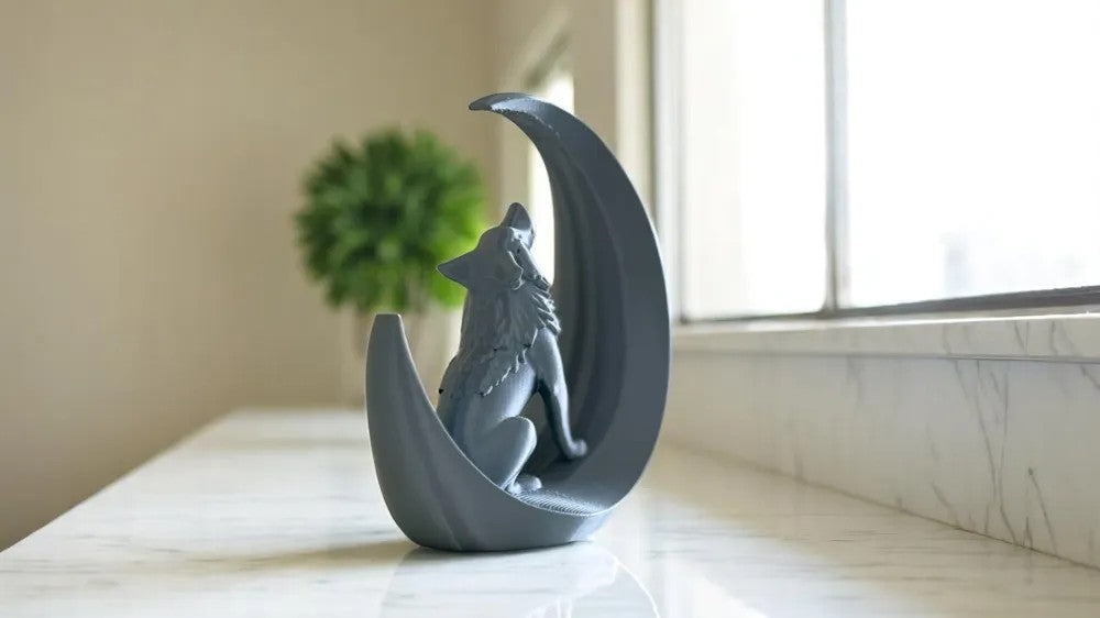 Howling Wolf and Moon Sculpture
