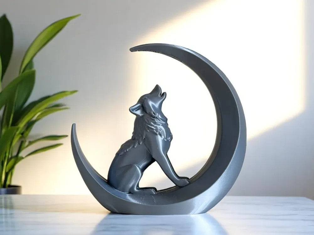 Howling Wolf and Moon Sculpture