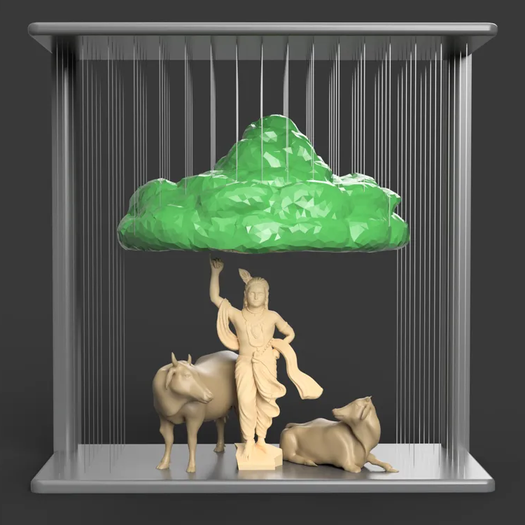 Krishna Lifting Govardhan Hill Strings Sculpture – unique strings version 3D printed idol, made by 3D Divine FOFUS Thrissur