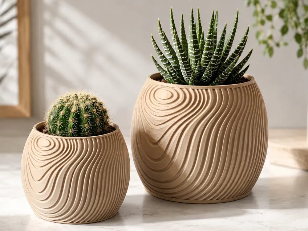 The Wooden Planter – 3D Printed Natural Wood-Finish Botanical Plant Pot by FOFUS, Thrissur Kerala