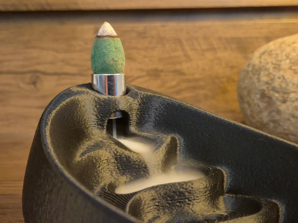 Minimalist Backflow Incense Burner detail – 3D Printed Incense Waterfall Holder by FOFUS Kerala
