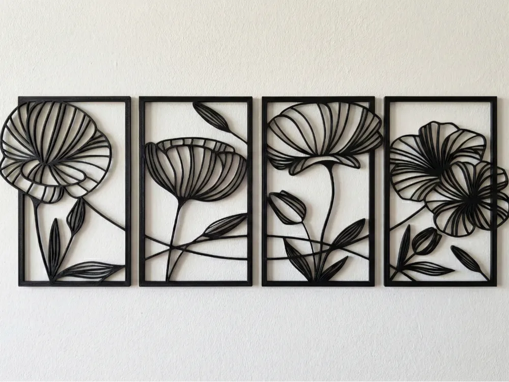 Minimalist Floral Wall Art 4 Panel Set – 3D Printed Botanical Gallery Collection by FOFUS, Thrissur Kerala