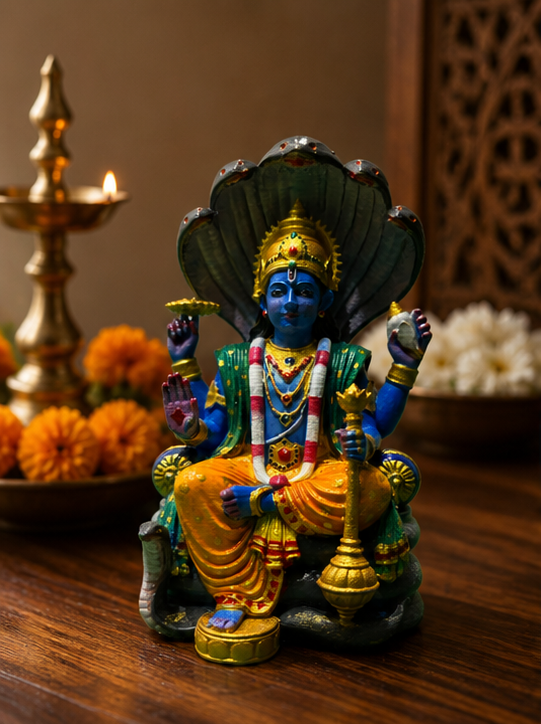 Lord Vishnu Seated on Sheshnag Throne Idol
