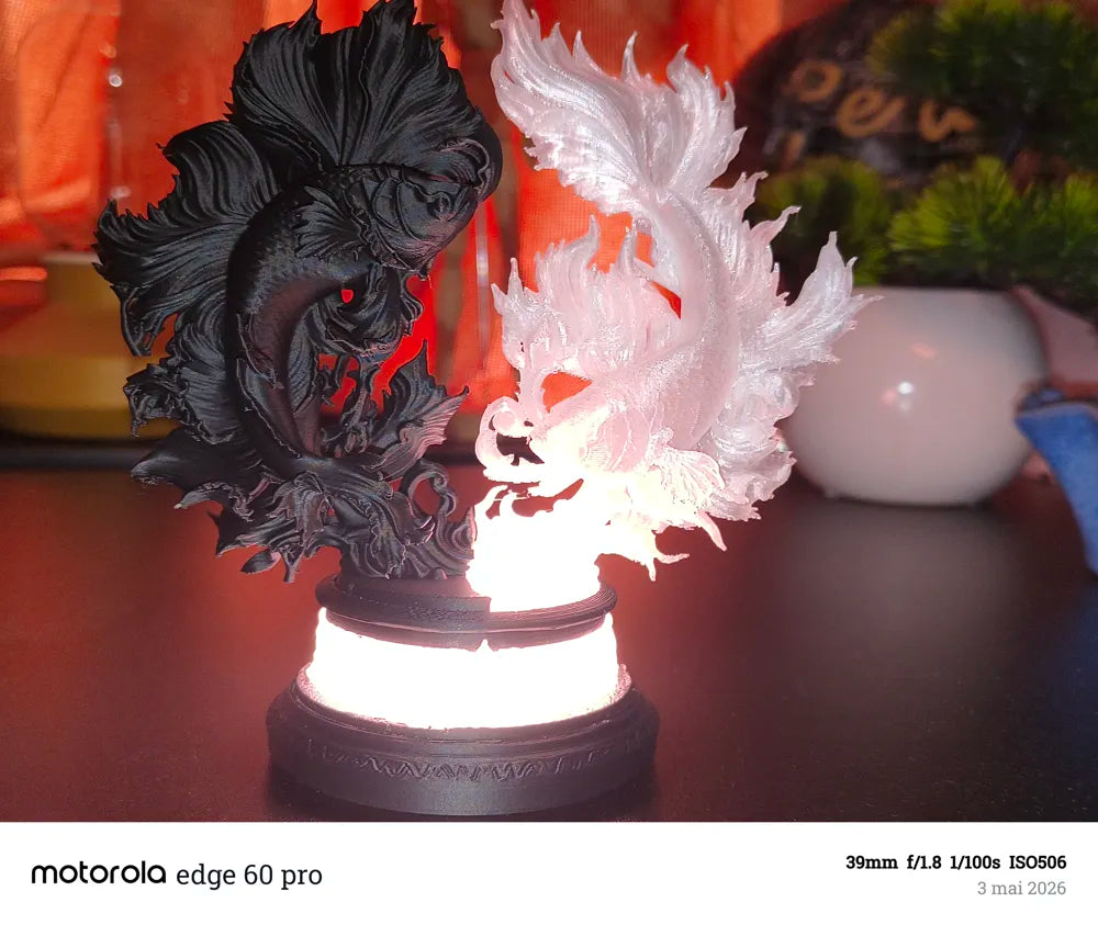 Yin Yang Koi Lamp glowing – 3D Printed Zen Balance Ambient Room Lamp by FOFUS Kerala