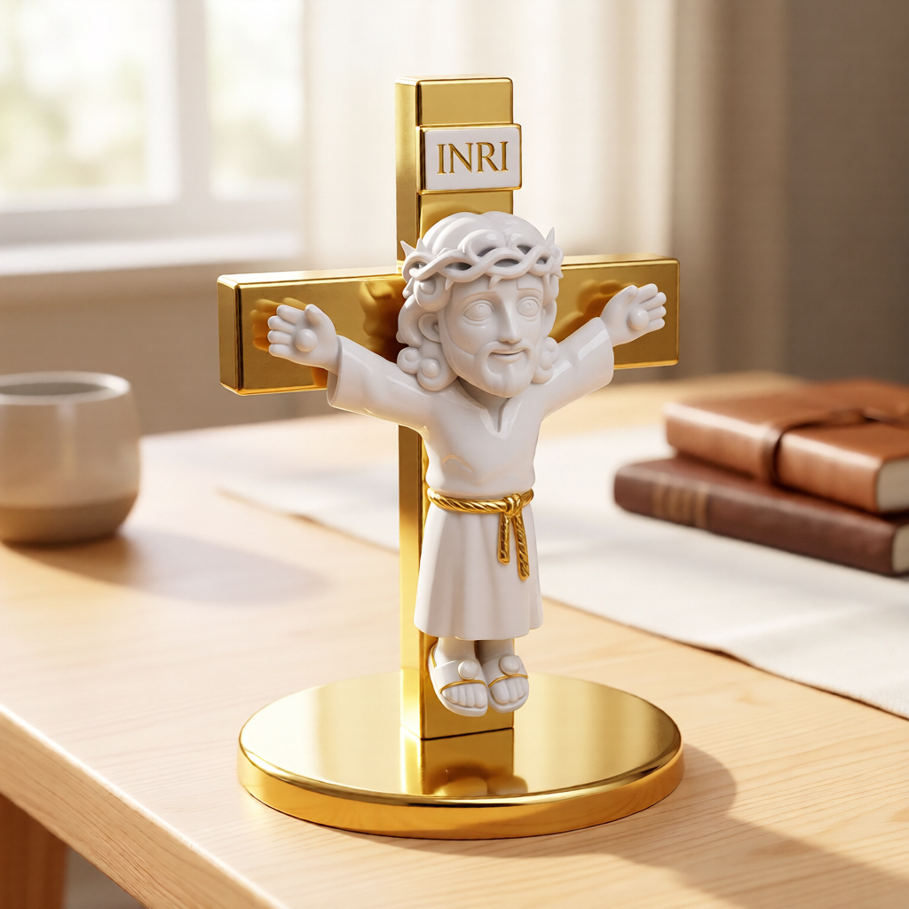 Cartoon Jesus Crucifixion Figurine angle – 3D Printed Creative Christian Art by FOFUS Kerala
