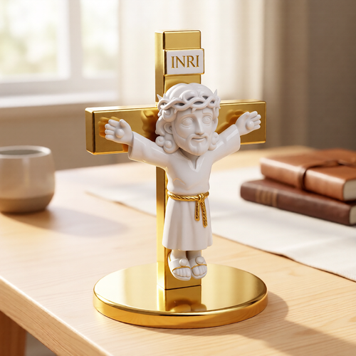 Cartoon Jesus Crucifixion Figurine angle – 3D Printed Creative Christian Art by FOFUS Kerala