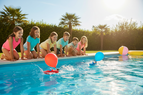 Kids racing Balloon Boat V2 speed boats in a swimming pool on a bright summer day